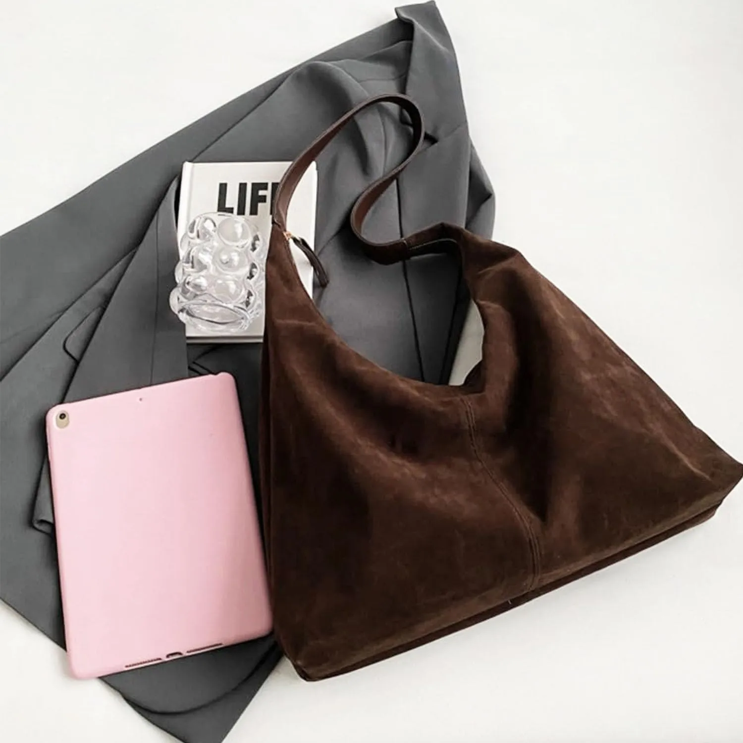 Women Suede Hobo Bags - Vintage Leather Slouchy Shoulder Tote Handbag