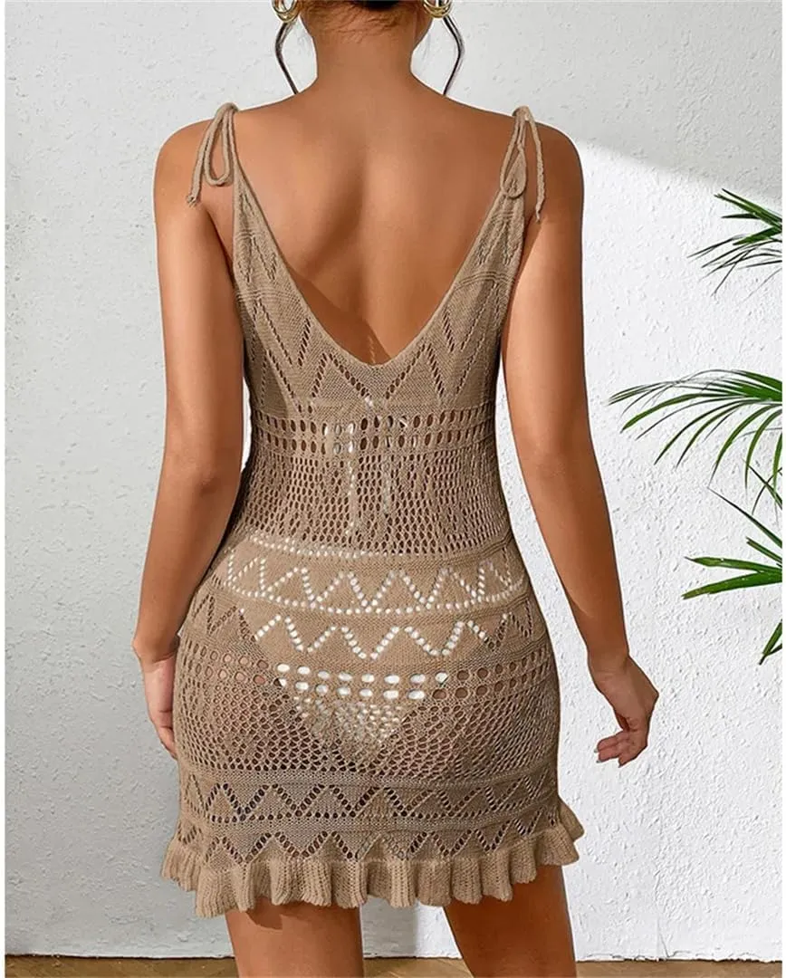 Women Summer Solid Color Sleeveless Knitted Cover Up Backless Stylish Beach Dresses