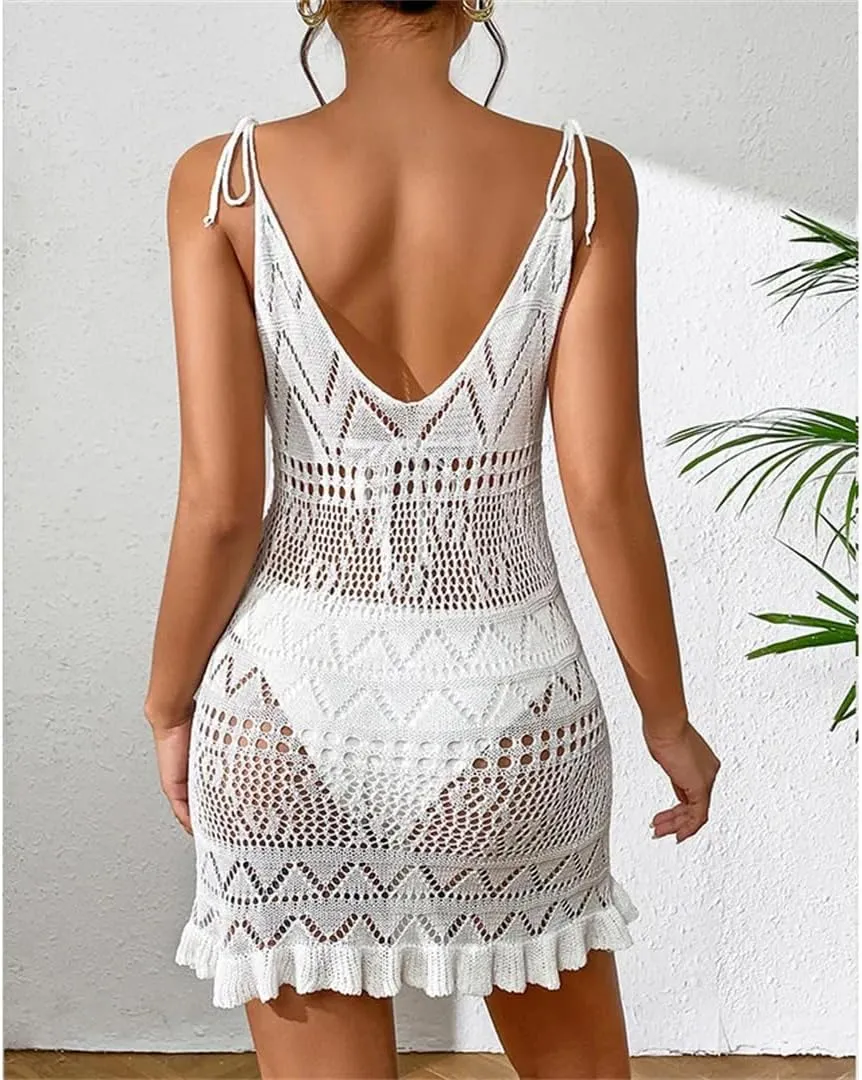 Women Summer Solid Color Sleeveless Knitted Cover Up Backless Stylish Beach Dresses