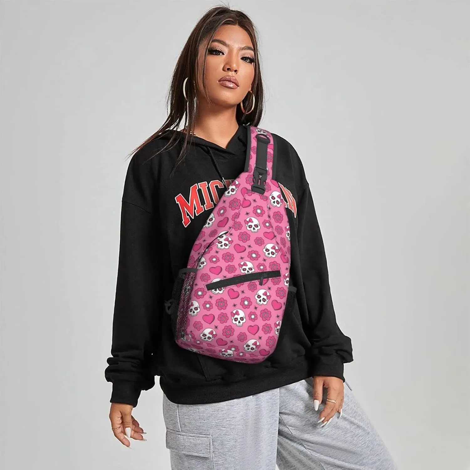 Women Sweet Heart Cute Sugar Skulls Crossbody Sling Backpack for Men Chest Bag Shoulder Bag Lightweight One Strap Backpack Travel Outdoor Daypack