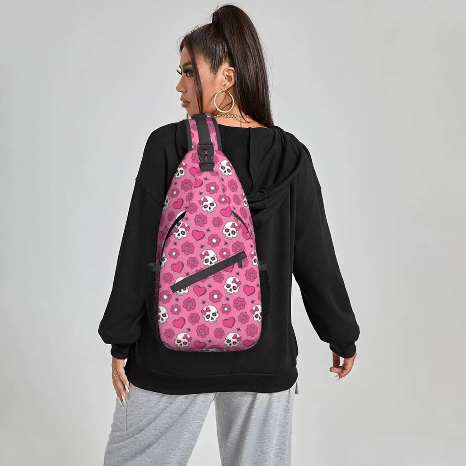 Women Sweet Heart Cute Sugar Skulls Crossbody Sling Backpack for Men Chest Bag Shoulder Bag Lightweight One Strap Backpack Travel Outdoor Daypack