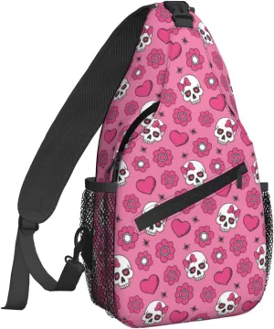 Women Sweet Heart Cute Sugar Skulls Crossbody Sling Backpack for Men Chest Bag Shoulder Bag Lightweight One Strap Backpack Travel Outdoor Daypack
