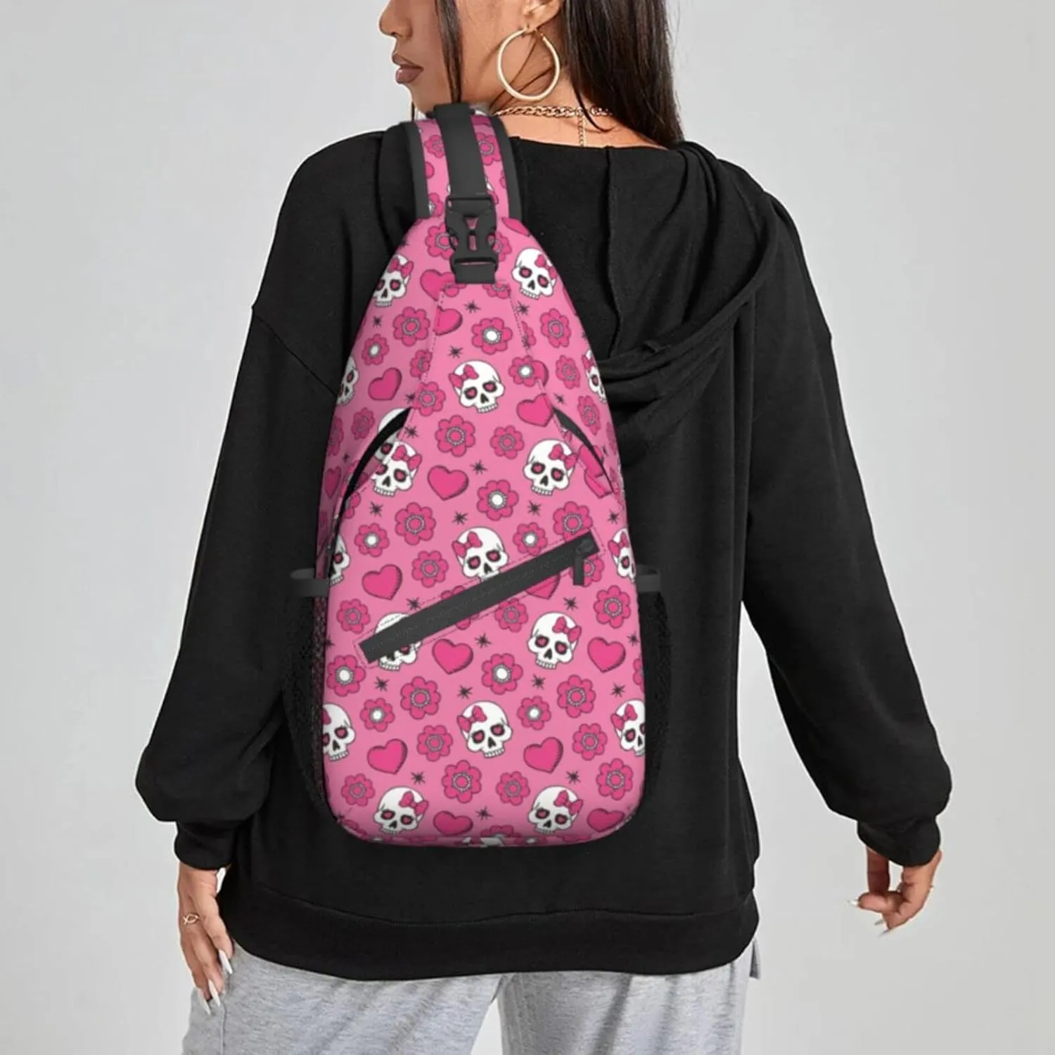 Women Sweet Heart Cute Sugar Skulls Crossbody Sling Backpack for Men Chest Bag Shoulder Bag Lightweight One Strap Backpack Travel Outdoor Daypack