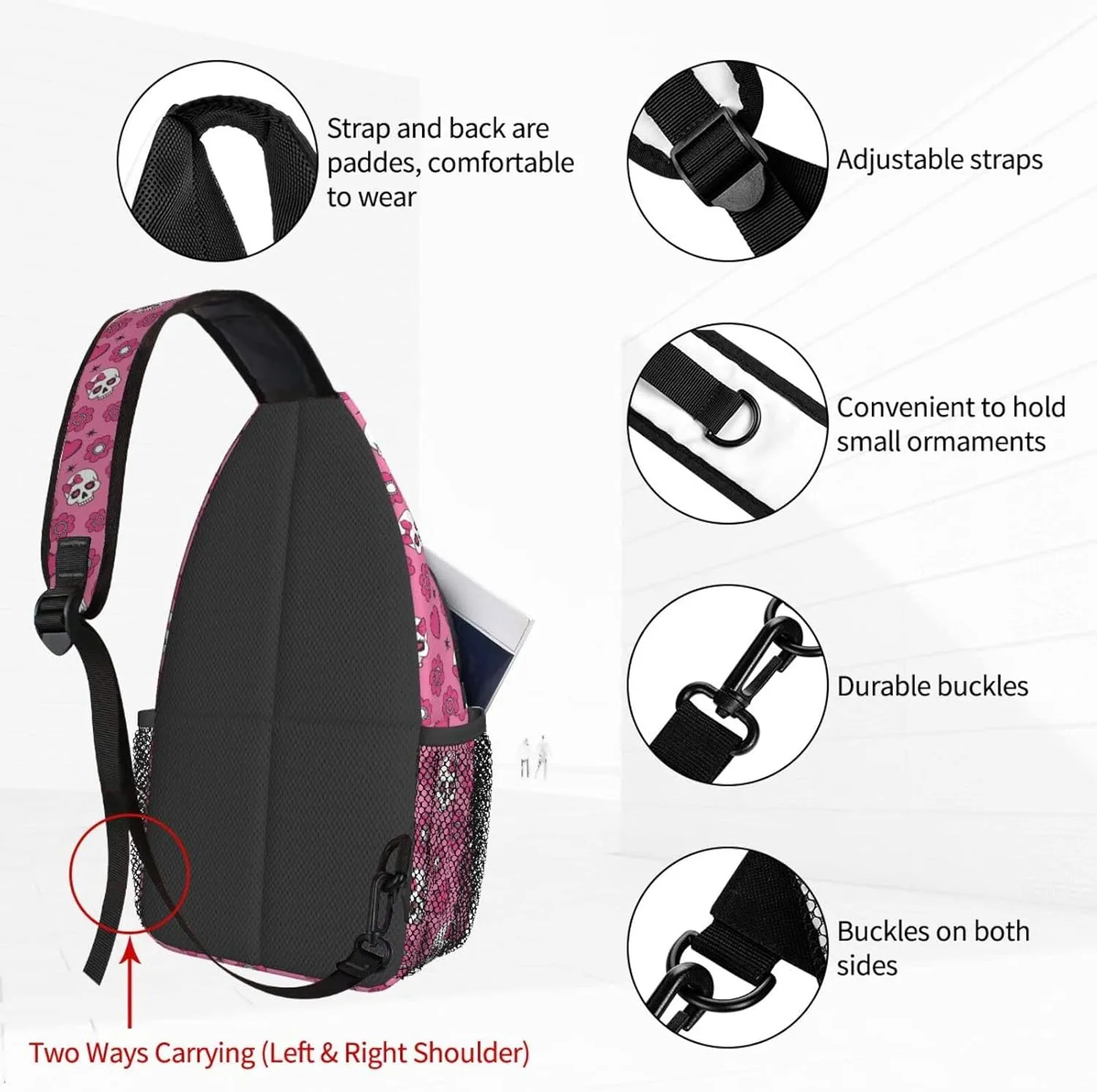 Women Sweet Heart Cute Sugar Skulls Crossbody Sling Backpack for Men Chest Bag Shoulder Bag Lightweight One Strap Backpack Travel Outdoor Daypack