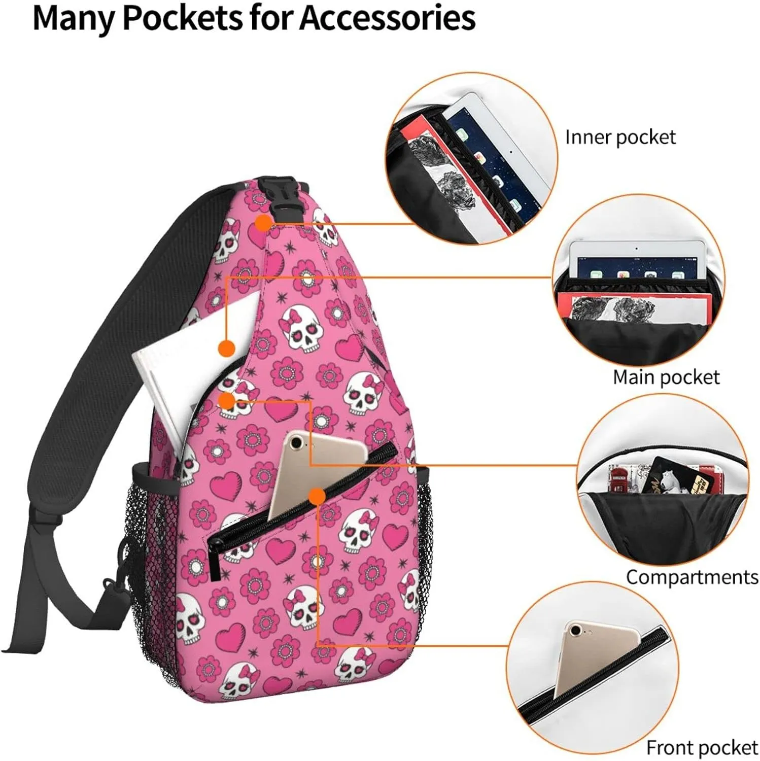 Women Sweet Heart Cute Sugar Skulls Crossbody Sling Backpack for Men Chest Bag Shoulder Bag Lightweight One Strap Backpack Travel Outdoor Daypack