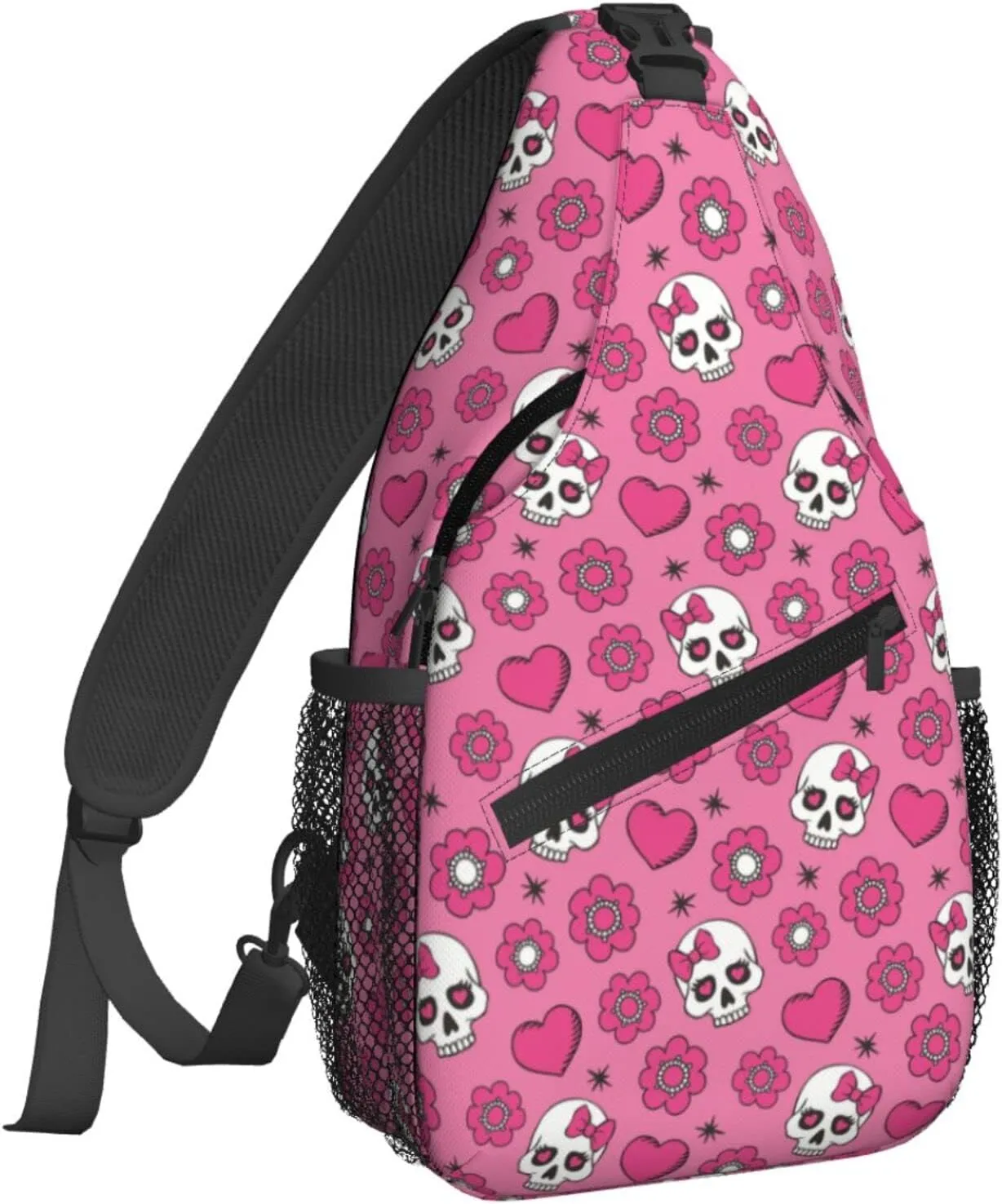 Women Sweet Heart Cute Sugar Skulls Crossbody Sling Backpack for Men Chest Bag Shoulder Bag Lightweight One Strap Backpack Travel Outdoor Daypack