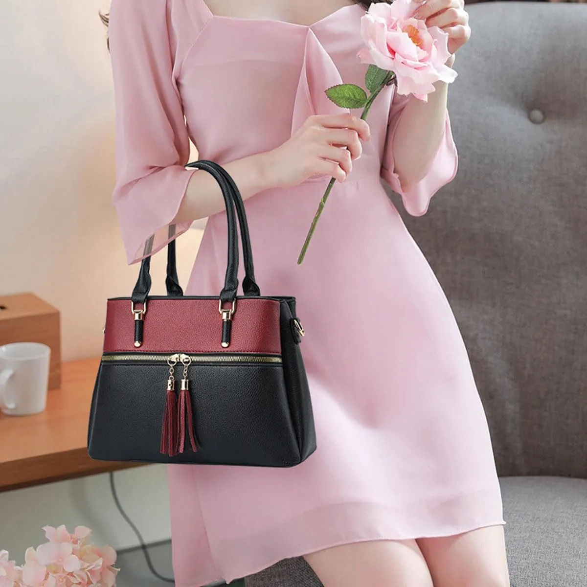 Women Tassels Satchel Bag Top-Handle Bag Shoulder Bag Handbag and Purse Pockets Zipper Leather Crossbody Bag Tote