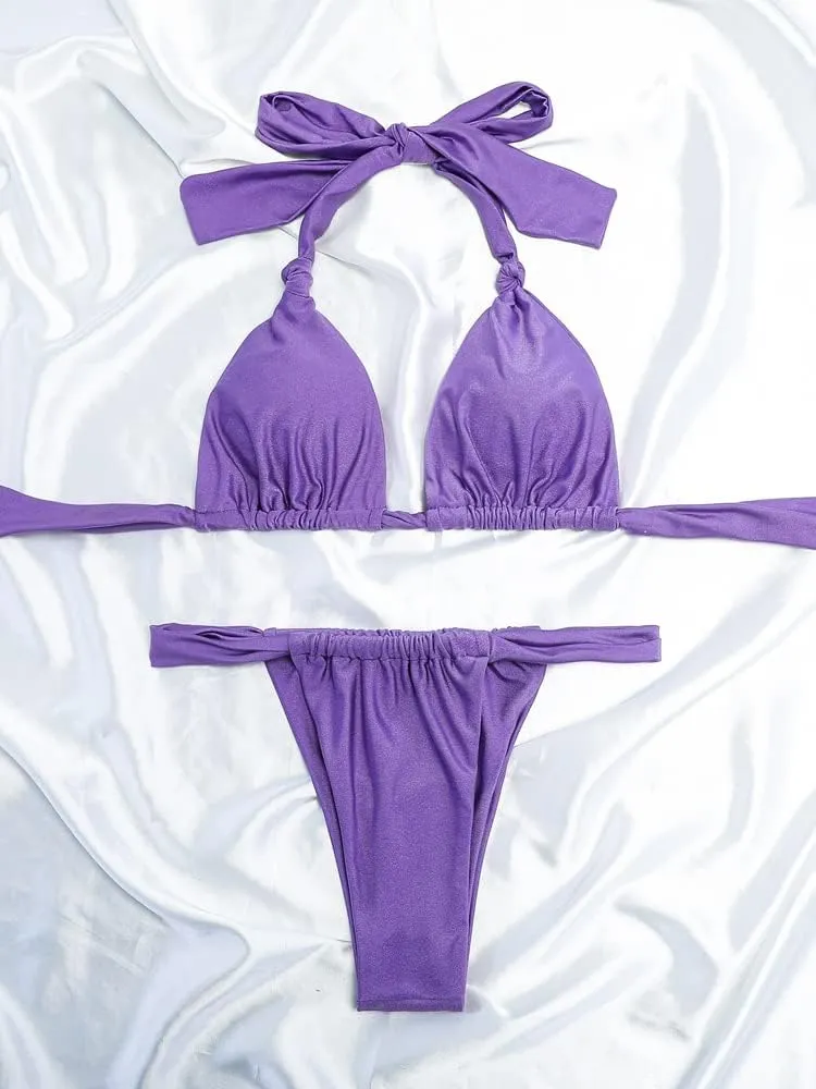 Women Thong Bikini Set Cheeky Halter Triangle String Two Piece Swimsuits Sexy Ruched Brazilian Bathing Suit