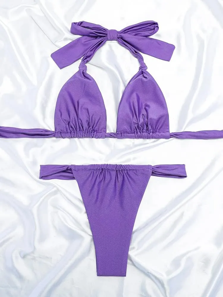 Women Thong Bikini Set Cheeky Halter Triangle String Two Piece Swimsuits Sexy Ruched Brazilian Bathing Suit