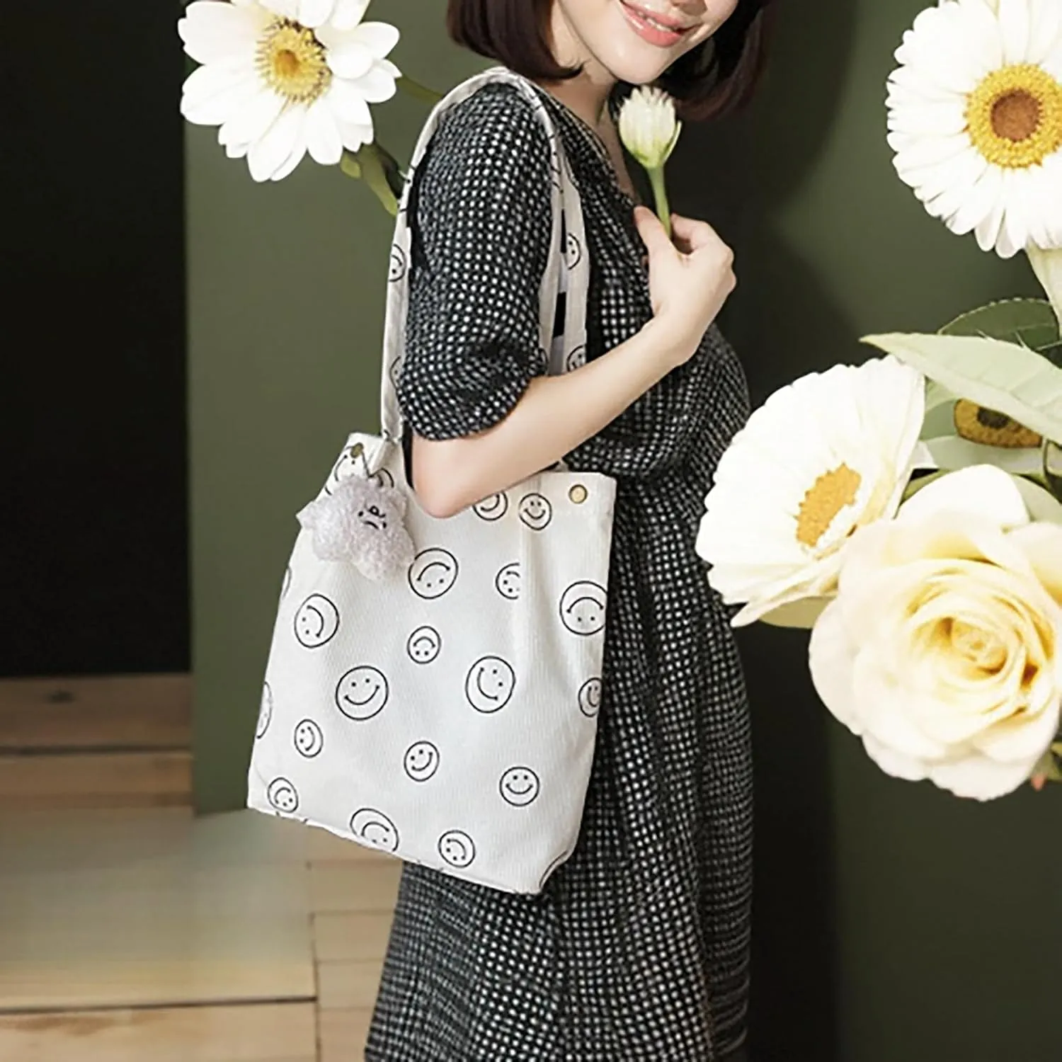 Women Tote Bags Grocery Shoulder Bag Corduroy with Inner Pocket for Work Beach Lunch Travel Shopping Shopper Handbags
