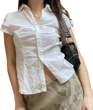Women Y2k Button Up Shirt E-Girls Short Sleeve T Shirt Cute Babydoll Tee Fairy Lace Patchwork Top 90s Vintage Blouse