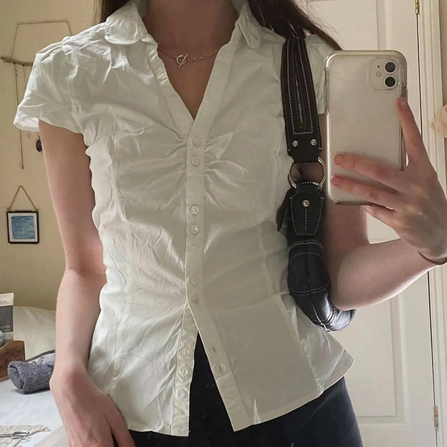 Women Y2k Button Up Shirt E-Girls Short Sleeve T Shirt Cute Babydoll Tee Fairy Lace Patchwork Top 90s Vintage Blouse
