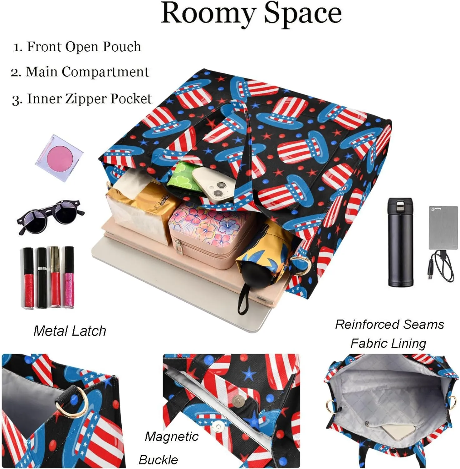 Womens American Presidential Hats Stars Satchel Tote Crossbody Bag for Weekender Travel Beach Gym