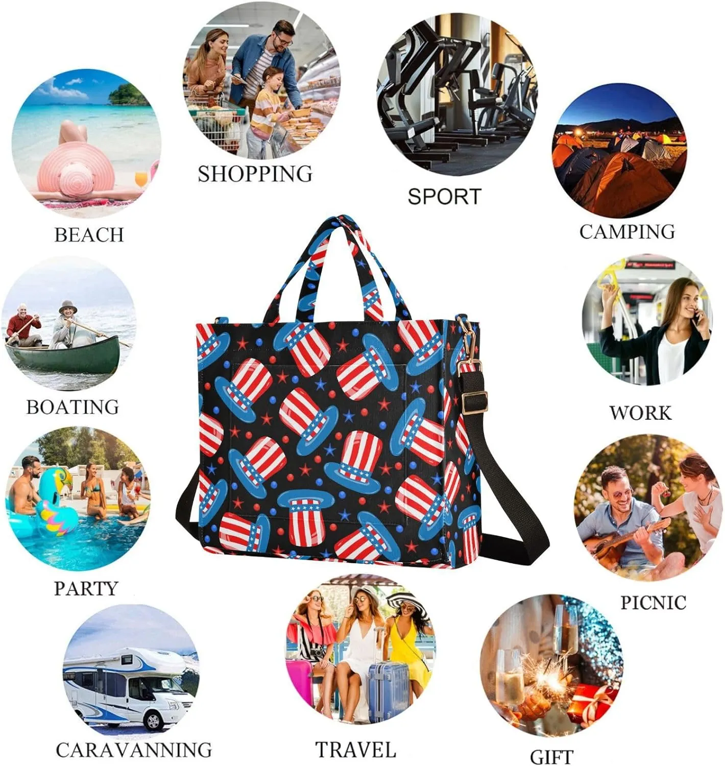 Womens American Presidential Hats Stars Satchel Tote Crossbody Bag for Weekender Travel Beach Gym