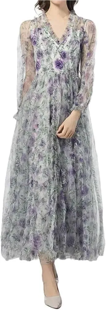 Women's Bohemian Dress Floral Print Net Yarn Ruffles Nail Bead Maxi Casual Party Dress