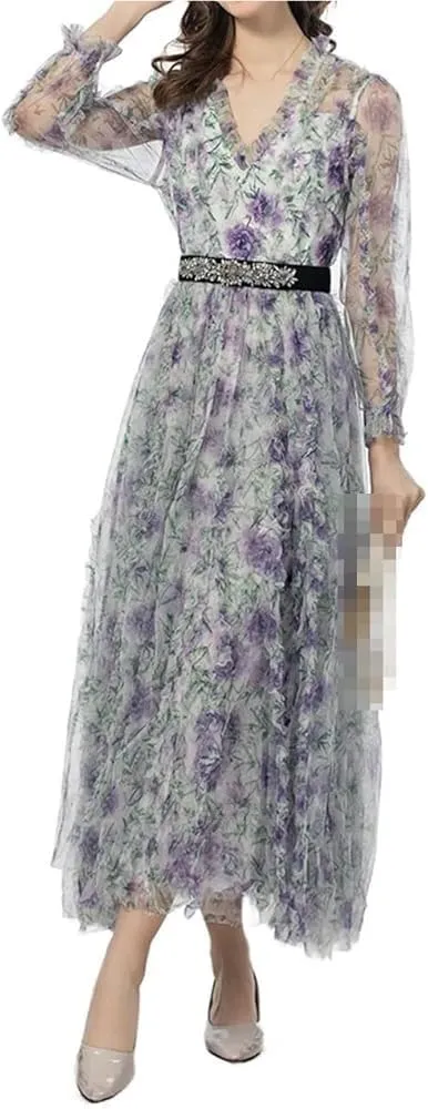 Women's Bohemian Dress Floral Print Net Yarn Ruffles Nail Bead Maxi Casual Party Dress