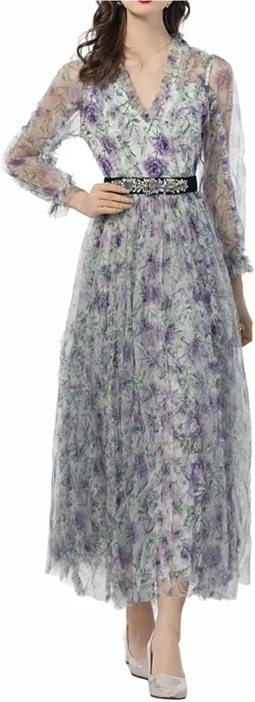 Women's Bohemian Dress Floral Print Net Yarn Ruffles Nail Bead Maxi Casual Party Dress