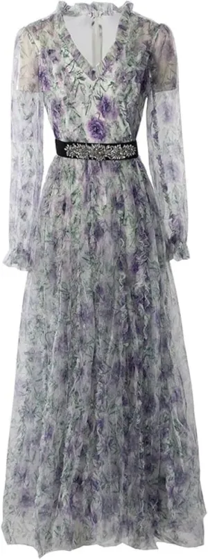 Women's Bohemian Dress Floral Print Net Yarn Ruffles Nail Bead Maxi Casual Party Dress