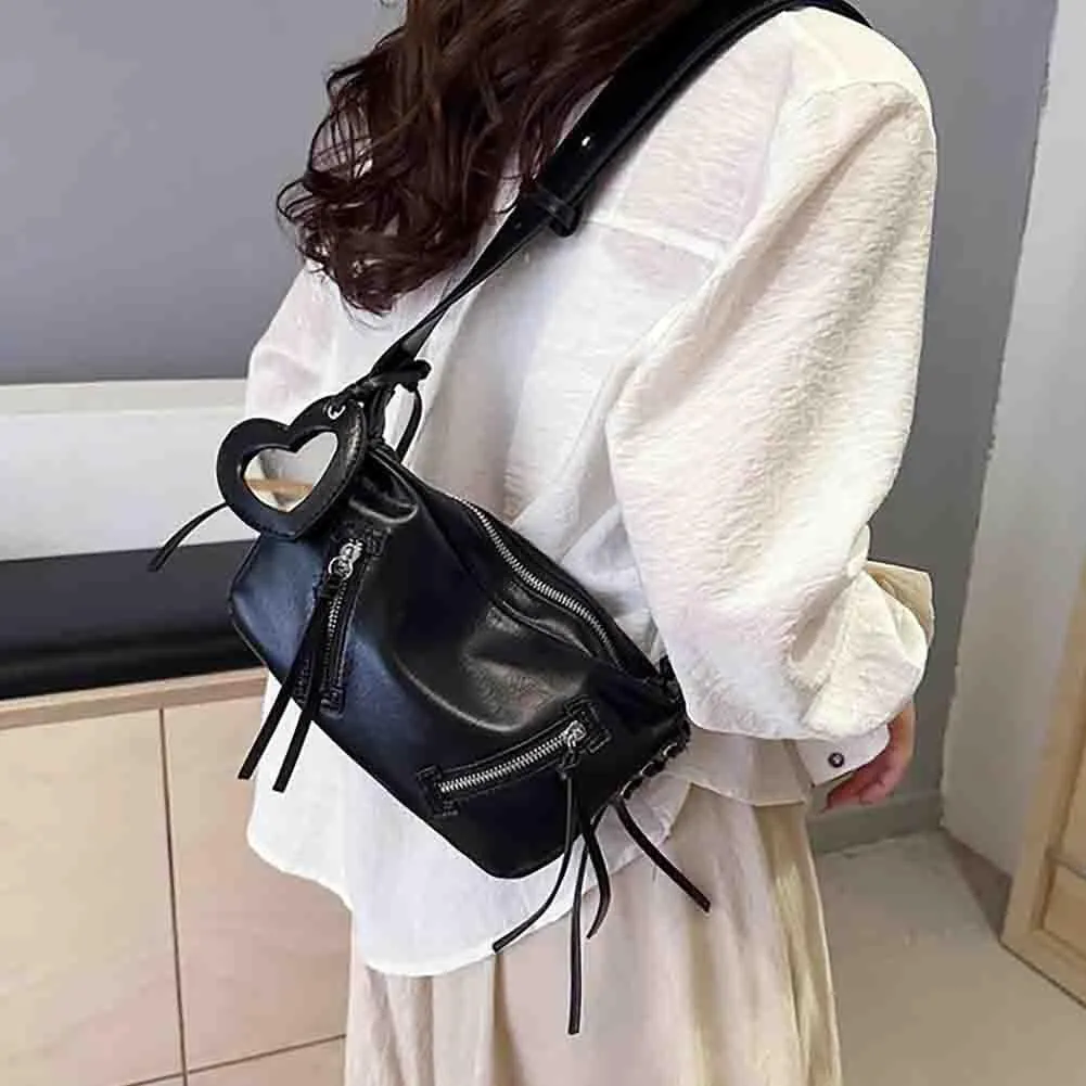 Women’s Casual Fashion Rivet Crossbody Bag, Punk Style Y2K Gothic Fringe Shoulder Bag, PU Leather Hobo Tassel Satchel Purse
