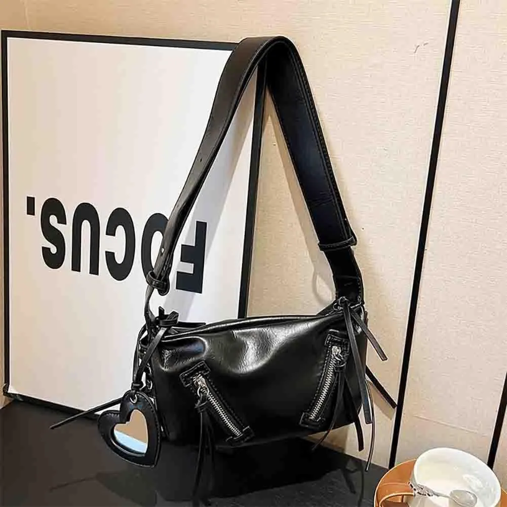 Women’s Casual Fashion Rivet Crossbody Bag, Punk Style Y2K Gothic Fringe Shoulder Bag, PU Leather Hobo Tassel Satchel Purse