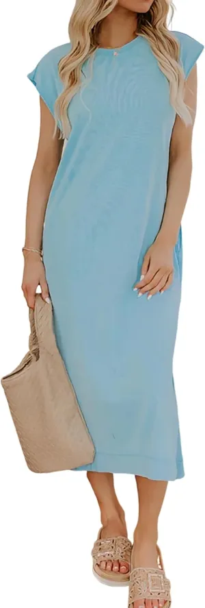 Women's Casual Short Sleeve Crew Cut Neck Relaxed Midi Dress with Pockets
