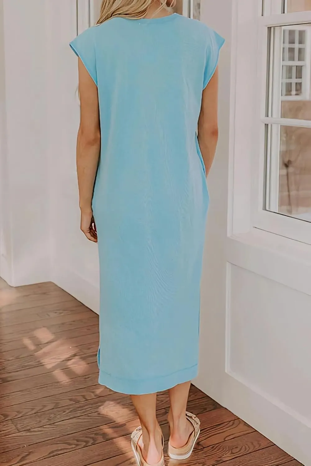 Women's Casual Short Sleeve Crew Cut Neck Relaxed Midi Dress with Pockets
