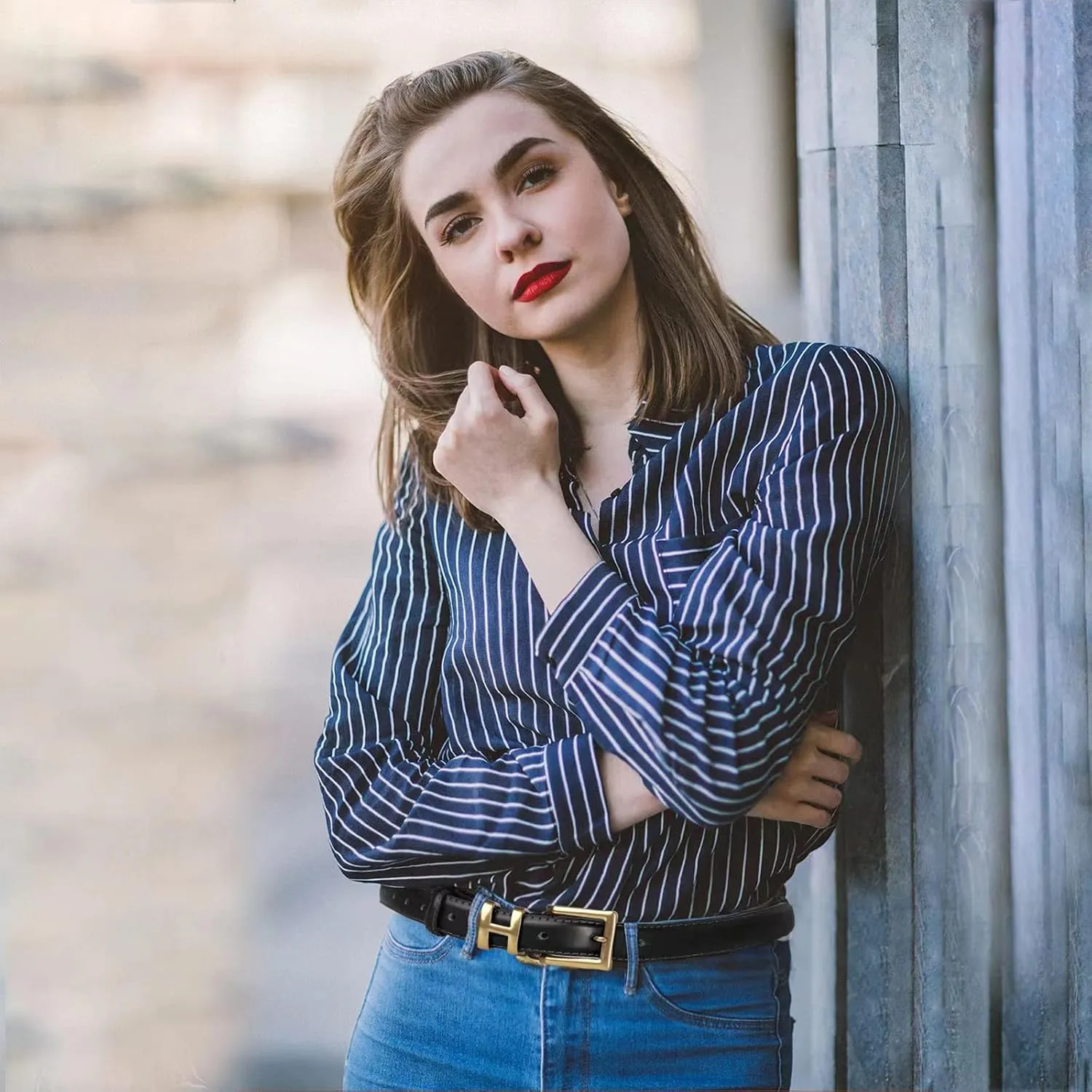Women's Fashion Classic Metal Buckle Leather Belt with Jeans Dress