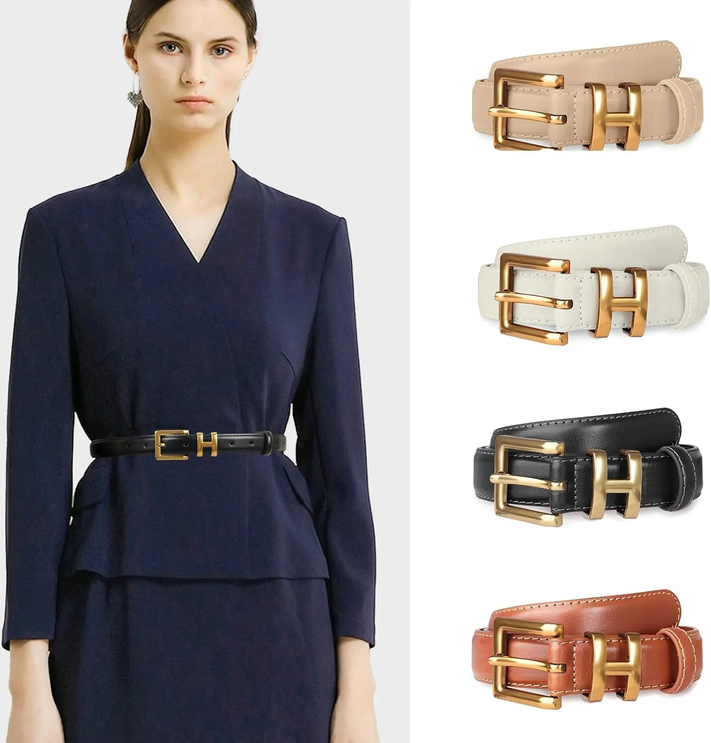 Women's Fashion Classic Metal Buckle Leather Belt with Jeans Dress