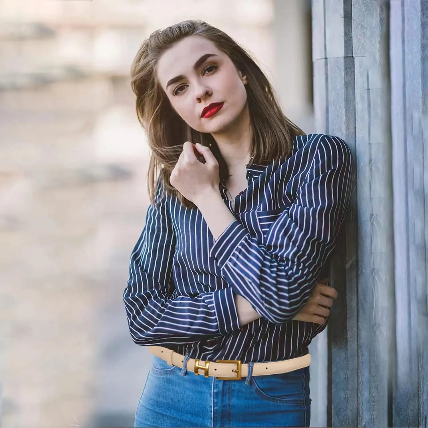 Women's Fashion Classic Metal Buckle Leather Belt with Jeans Dress