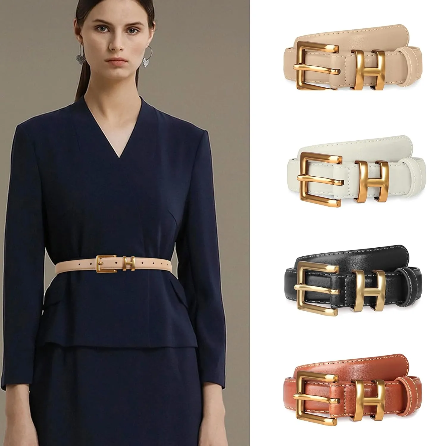 Women's Fashion Classic Metal Buckle Leather Belt with Jeans Dress