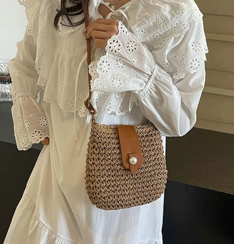 Womens Fashion Straw Crossbody Bags Woven Summer Beach Shoulder Tote Bag Bucket Purse Small Handbag Satchel 2024