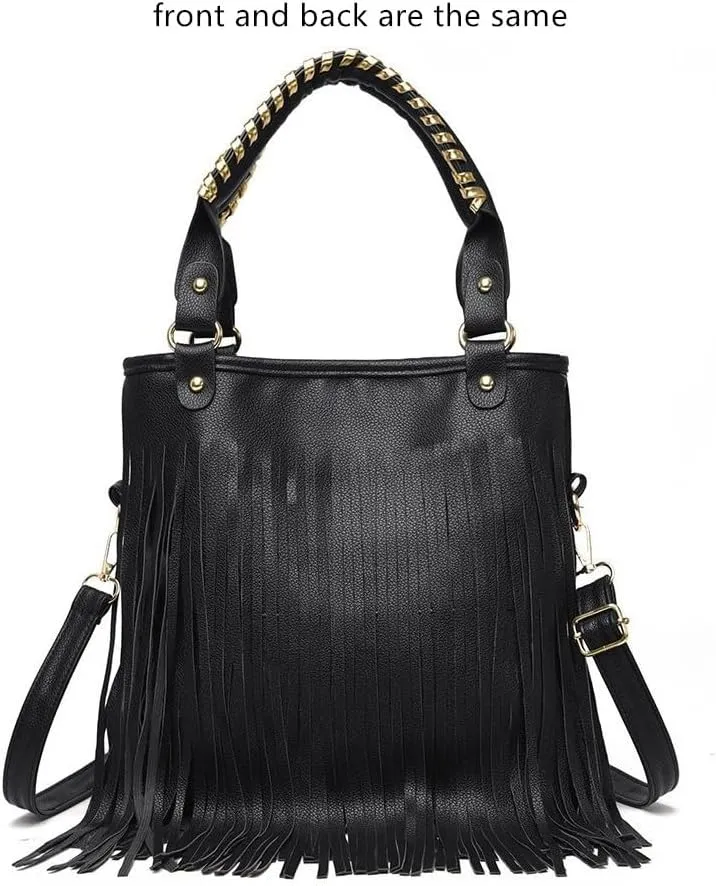 Women's Faux Leather Western Fringe Purse Tassel Hobo Tote Bag