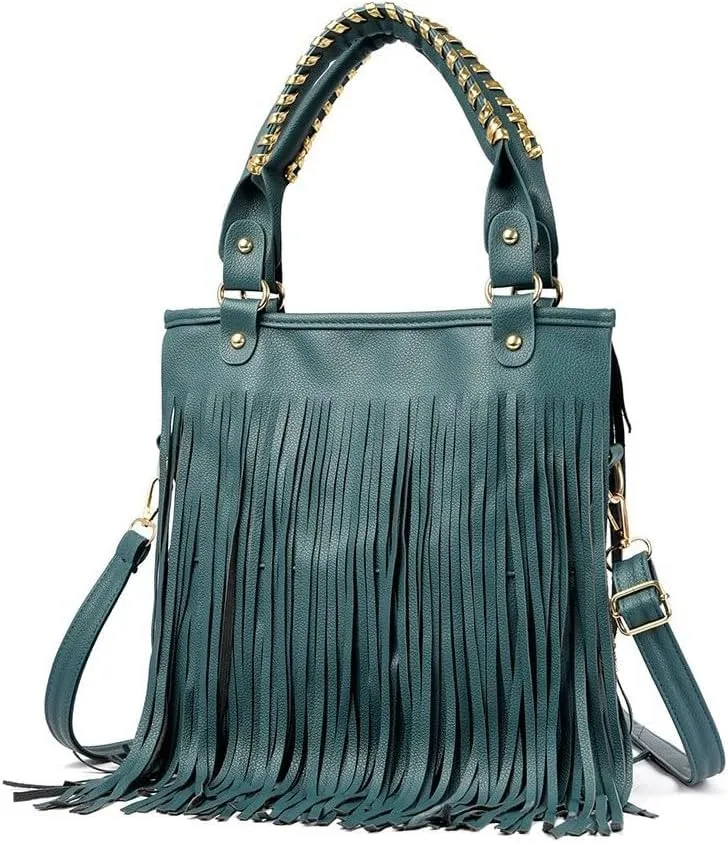 Women's Faux Leather Western Fringe Purse Tassel Hobo Tote Bag