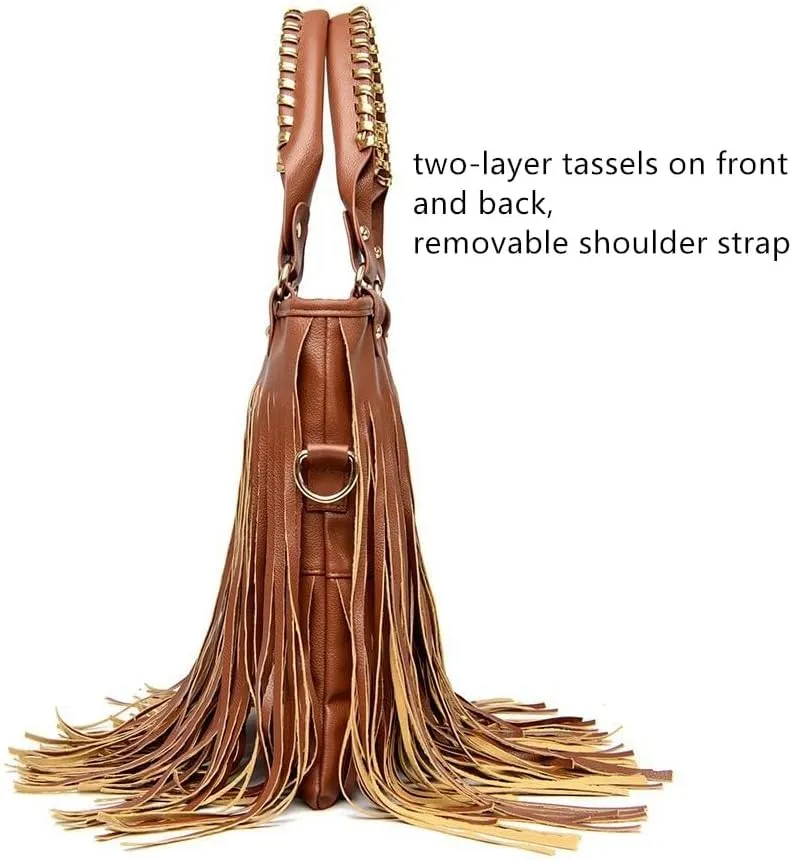 Women's Faux Leather Western Fringe Purse Tassel Hobo Tote Bag