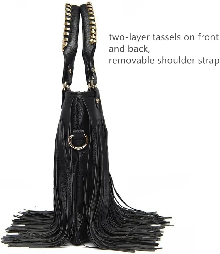 Women's Faux Leather Western Fringe Purse Tassel Hobo Tote Bag