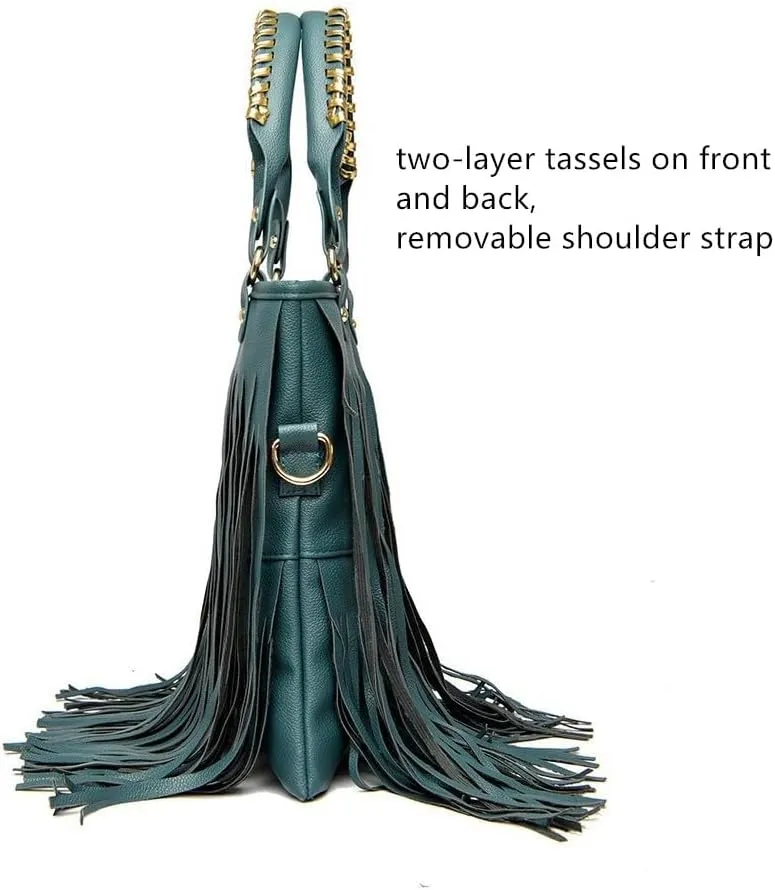 Women's Faux Leather Western Fringe Purse Tassel Hobo Tote Bag