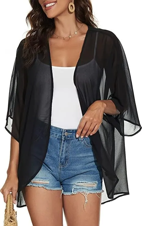Women's Floral Print Puff Sleeve Kimono Cardigan Loose Cover Up Casual Blouse Tops 101 Black