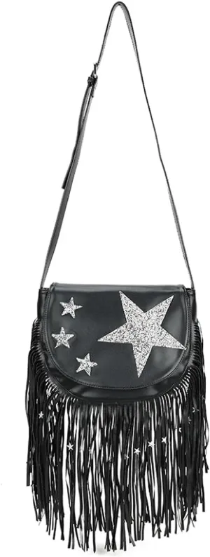 Women's Leather Hobo Fringe Crossbody Tassel Purse Fashion Small Handbag Shoulder Bag Stars with Adjustable Strap