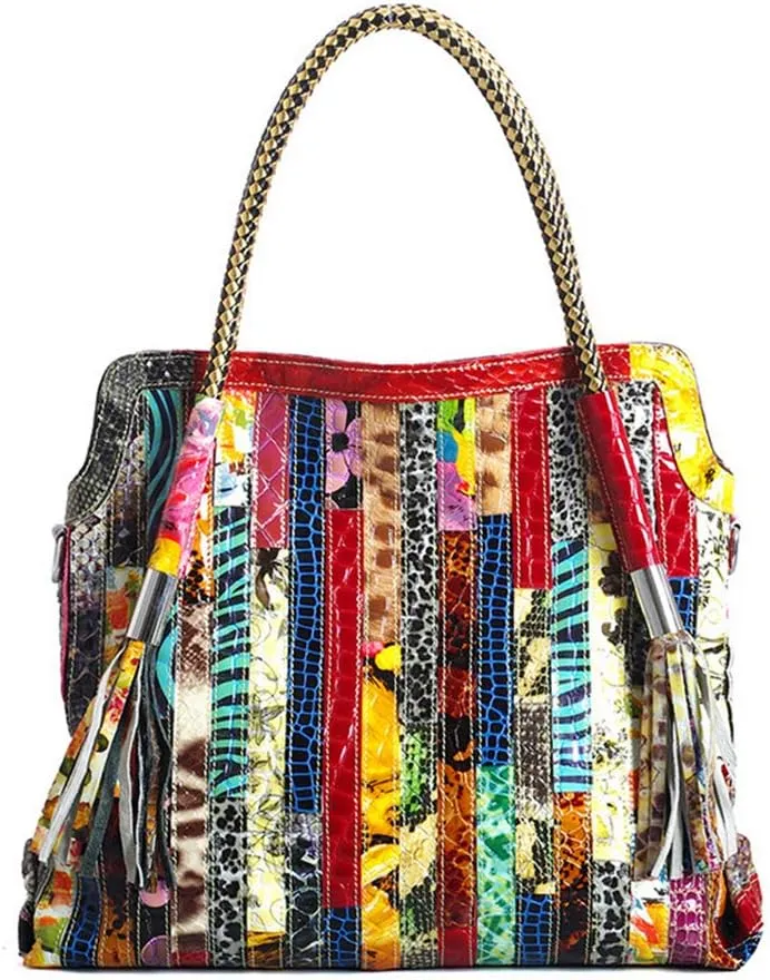 Women’s Multicolor Big Boston Genuine Leather RANDOM Colorful Patchwork Large Tote Handbag Hobo Crossbody Bag