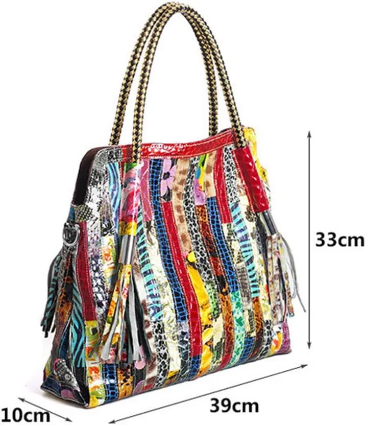 Women’s Multicolor Big Boston Genuine Leather RANDOM Colorful Patchwork Large Tote Handbag Hobo Crossbody Bag