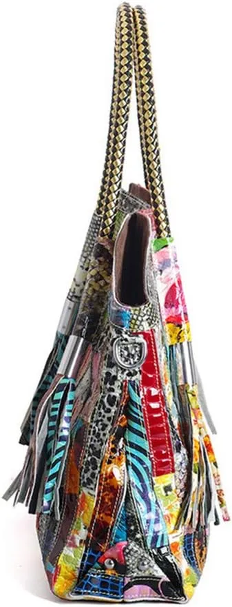 Women’s Multicolor Big Boston Genuine Leather RANDOM Colorful Patchwork Large Tote Handbag Hobo Crossbody Bag
