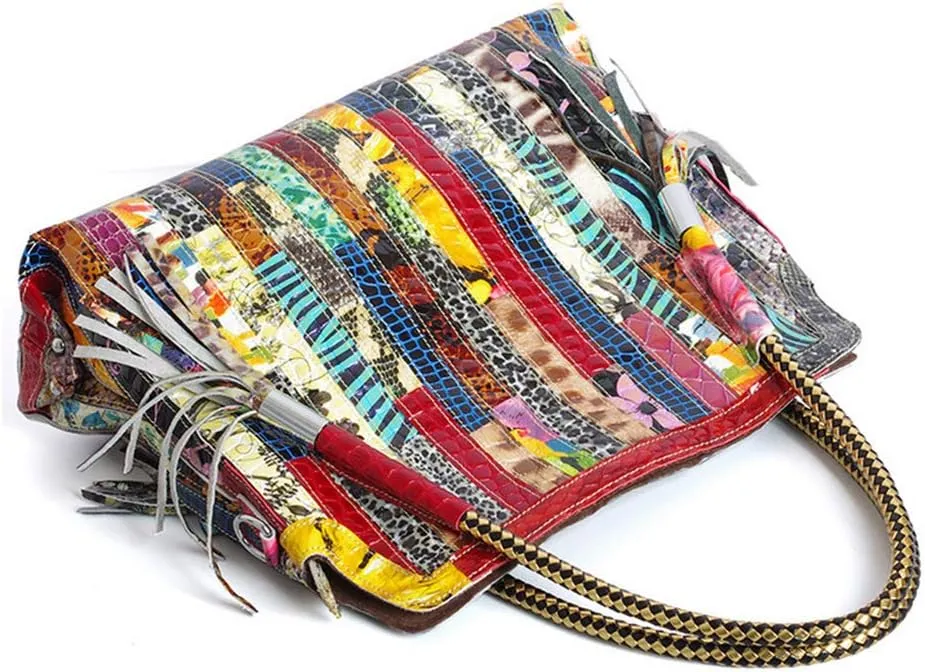 Women’s Multicolor Big Boston Genuine Leather RANDOM Colorful Patchwork Large Tote Handbag Hobo Crossbody Bag