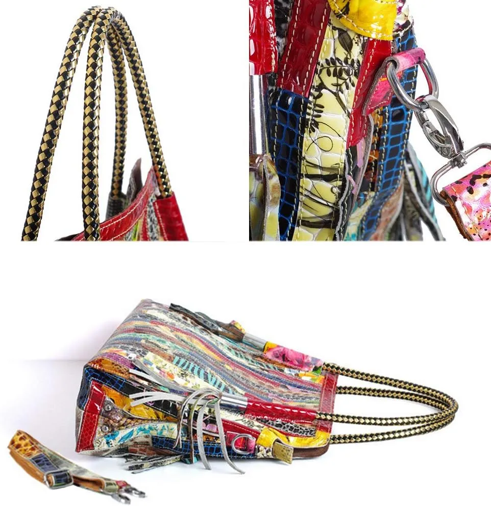 Women’s Multicolor Big Boston Genuine Leather RANDOM Colorful Patchwork Large Tote Handbag Hobo Crossbody Bag