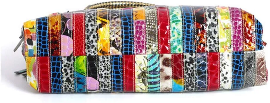 Women’s Multicolor Big Boston Genuine Leather RANDOM Colorful Patchwork Large Tote Handbag Hobo Crossbody Bag
