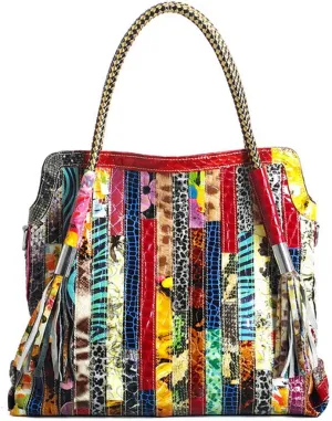 Women’s Multicolor Big Boston Genuine Leather RANDOM Colorful Patchwork Large Tote Handbag Hobo Crossbody Bag