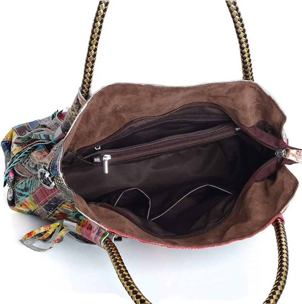 Women’s Multicolor Big Boston Genuine Leather RANDOM Colorful Patchwork Large Tote Handbag Hobo Crossbody Bag