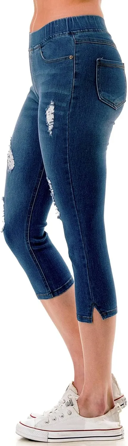 Women's Ripped Destroyed Skinny Jeans & Jeggings Pull-On Elastic Waist Stretch Denim Pants Regular-Plus Size