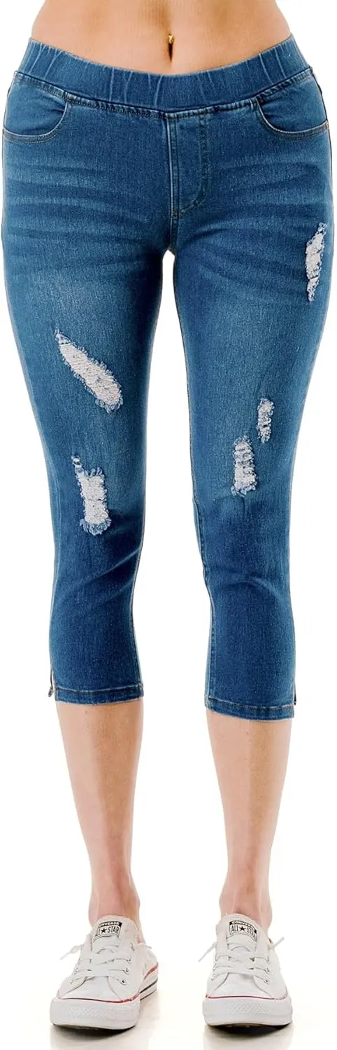 Women's Ripped Destroyed Skinny Jeans & Jeggings Pull-On Elastic Waist Stretch Denim Pants Regular-Plus Size
