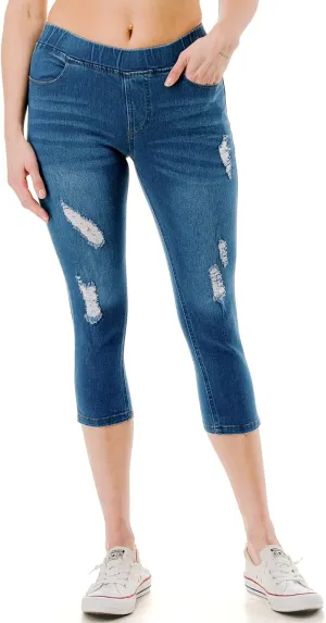 Women's Ripped Destroyed Skinny Jeans & Jeggings Pull-On Elastic Waist Stretch Denim Pants Regular-Plus Size