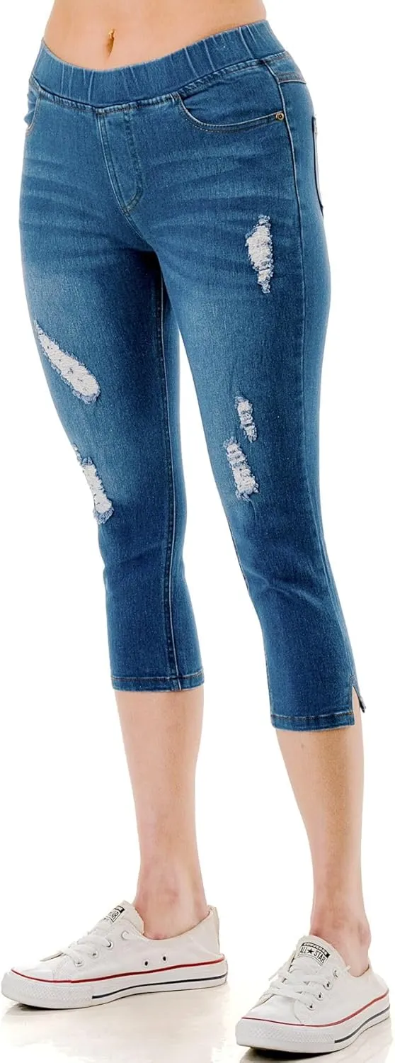 Women's Ripped Destroyed Skinny Jeans & Jeggings Pull-On Elastic Waist Stretch Denim Pants Regular-Plus Size